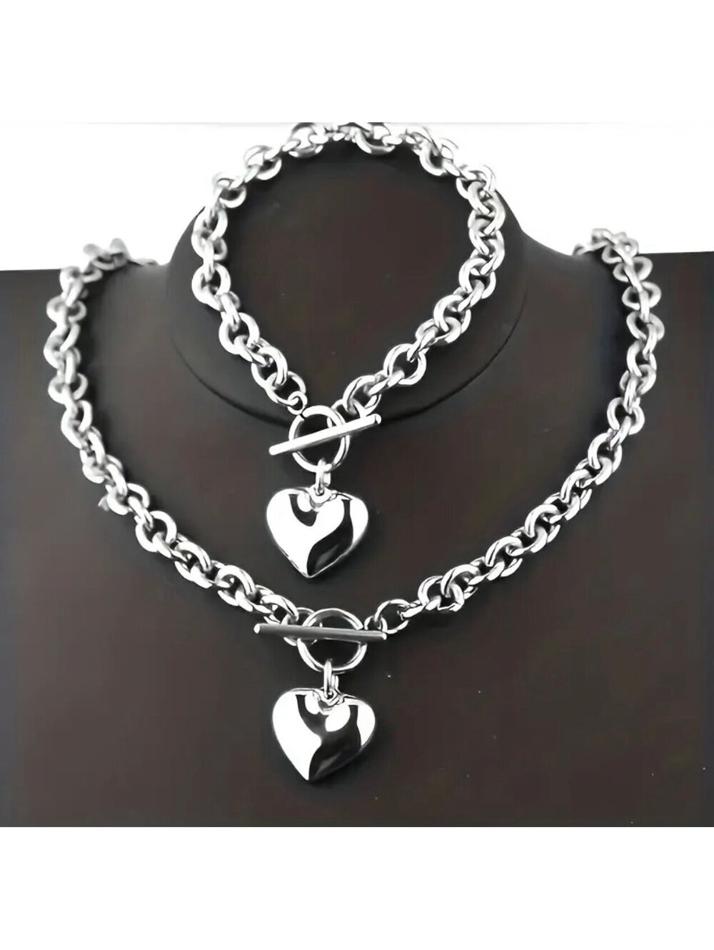 New - 2 Piece - Stainless Steel - Heart Toggle - Matching Necklace And Bracelet